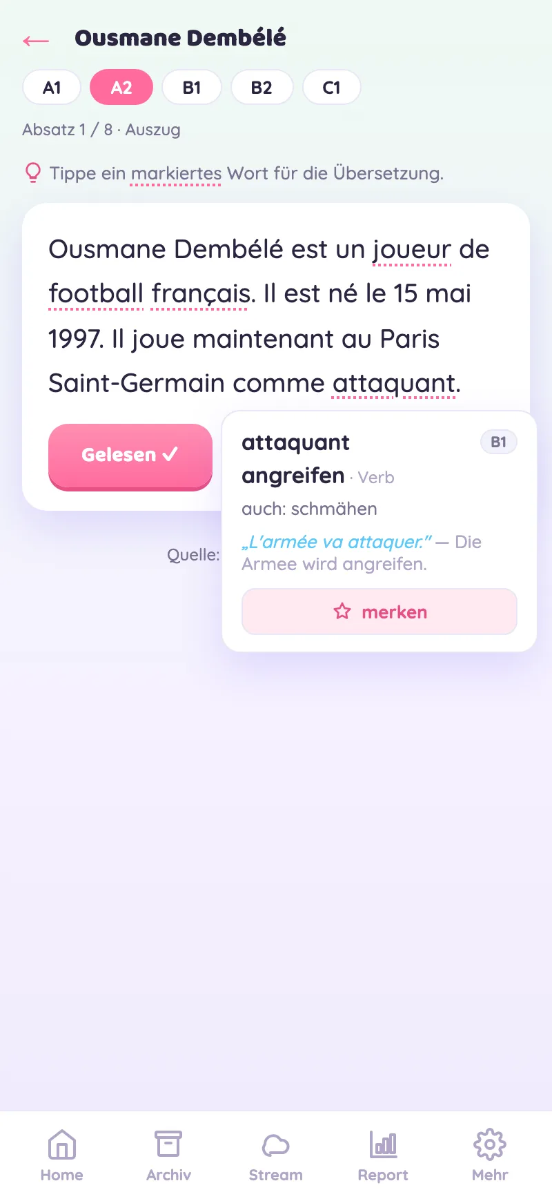 Artikel lesen mit Tap-Übersetzung