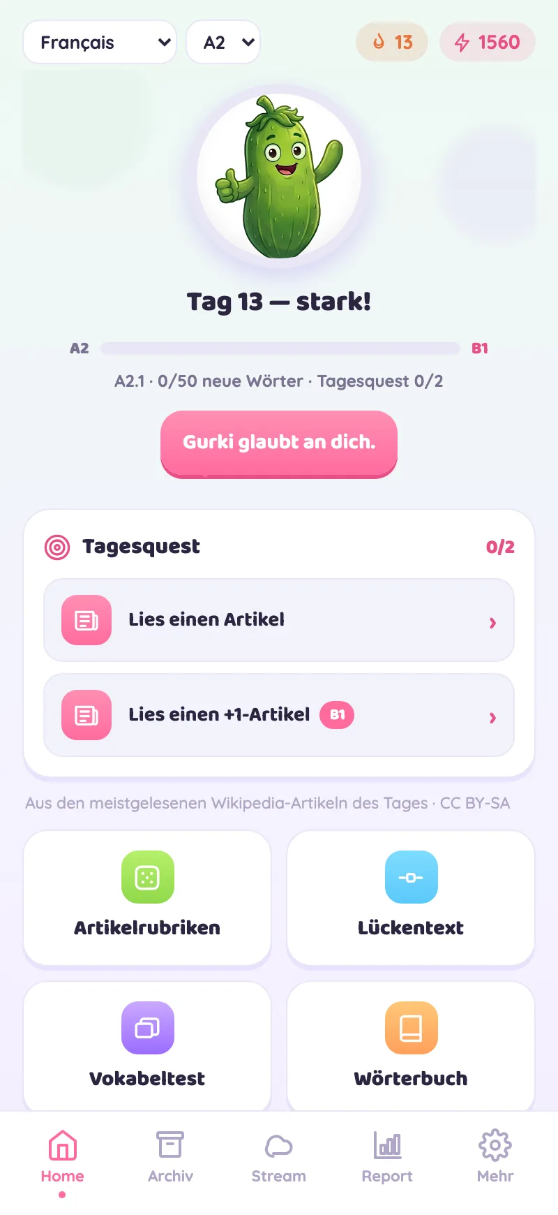 Learny Startscreen — Tagesquest, Streak und Fortschritt